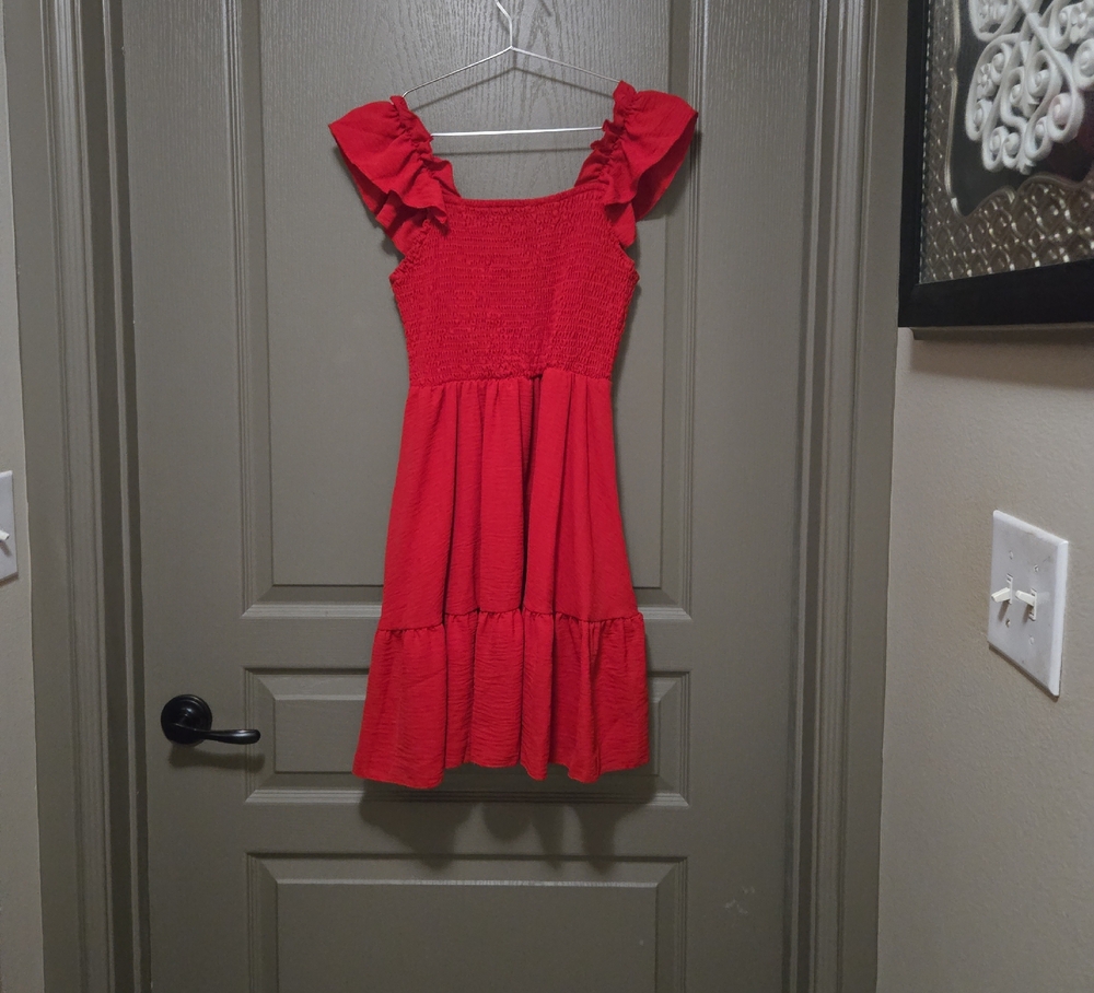 Red Smocked Ruffled Sundress for Wedding Guest